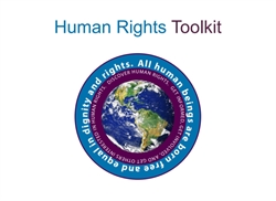 [ai] Title "Human Rights Toolkit" above a circular graphic featuring an image of Earth. The circle includes text promoting human dignity and rights.